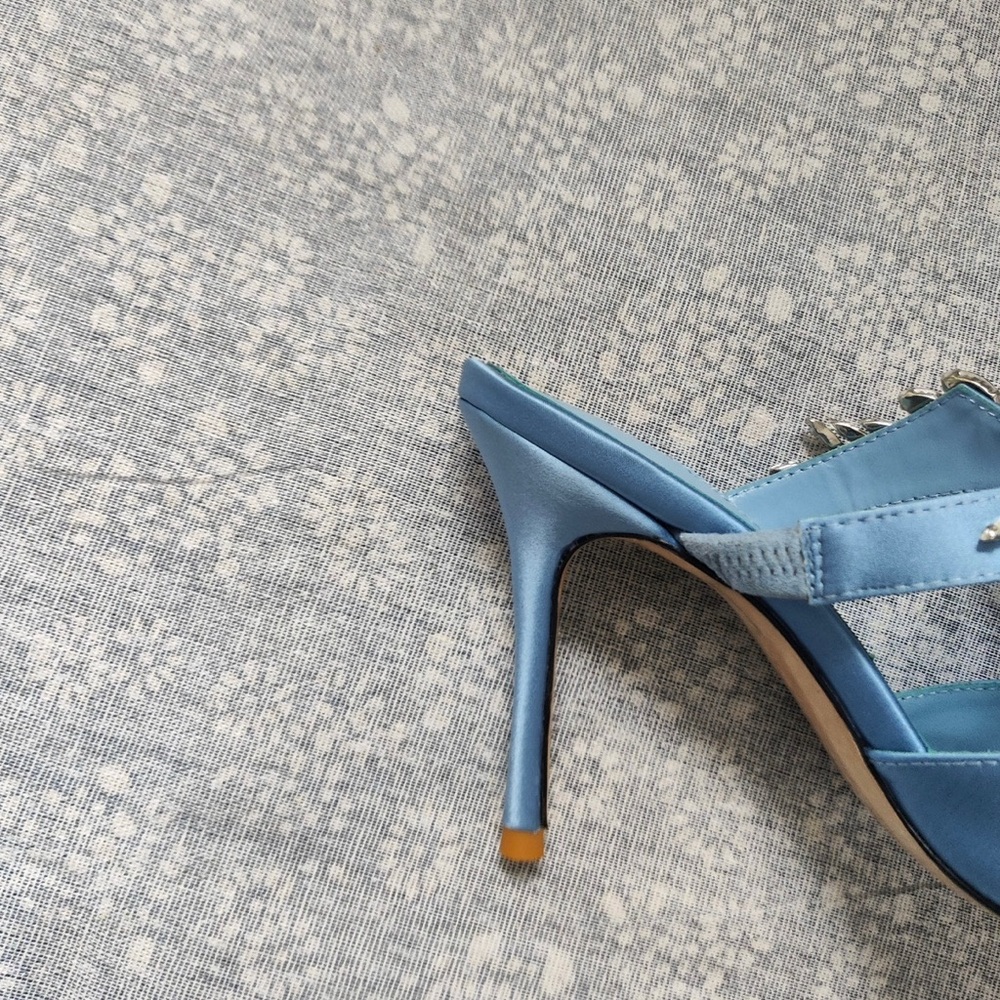 Manolo Blahnik Light Blue Satin Pointed-Toe Jeweled Mules - Picture 11 of 13